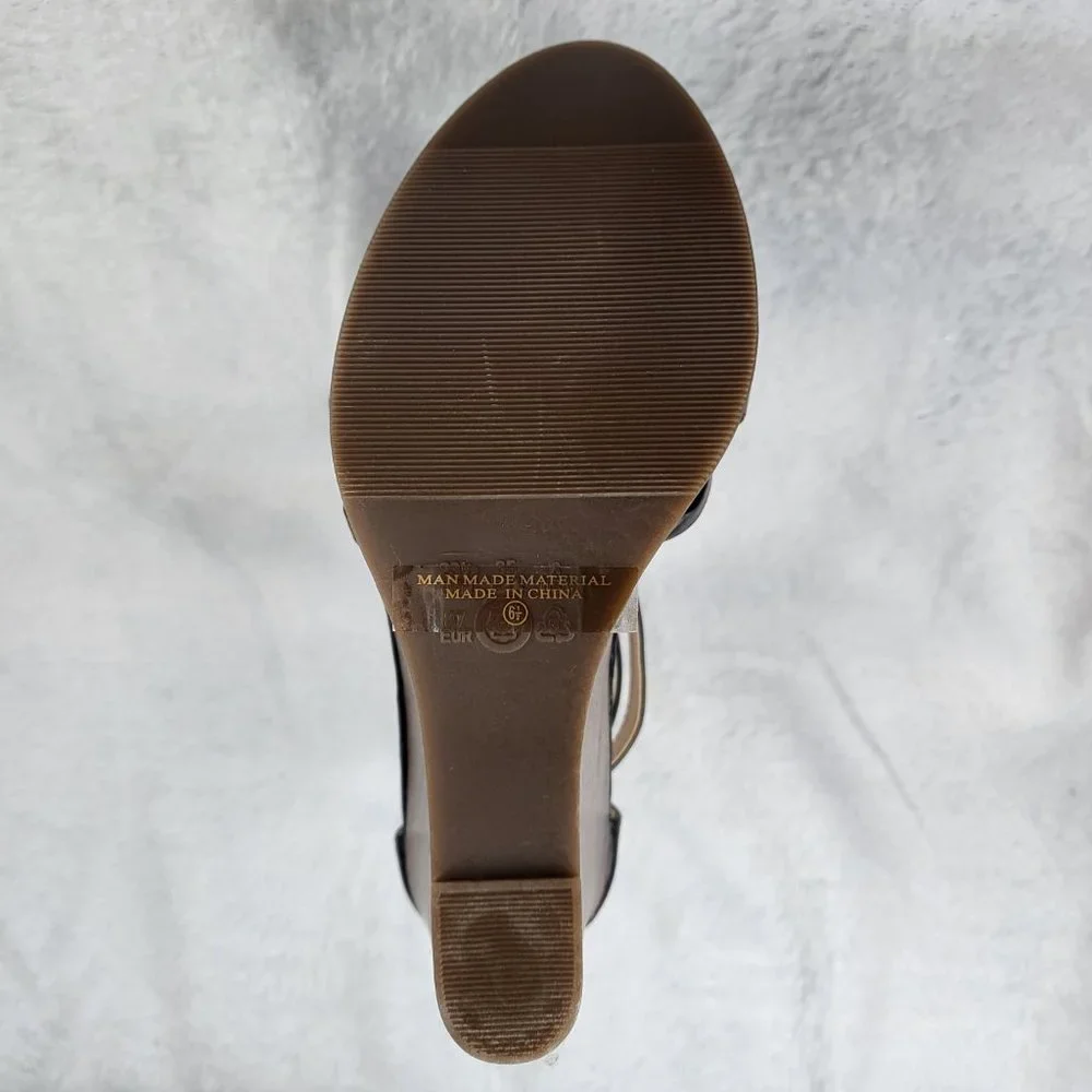 Black Blue Closed Back Wedge Sandals Faux Wood
